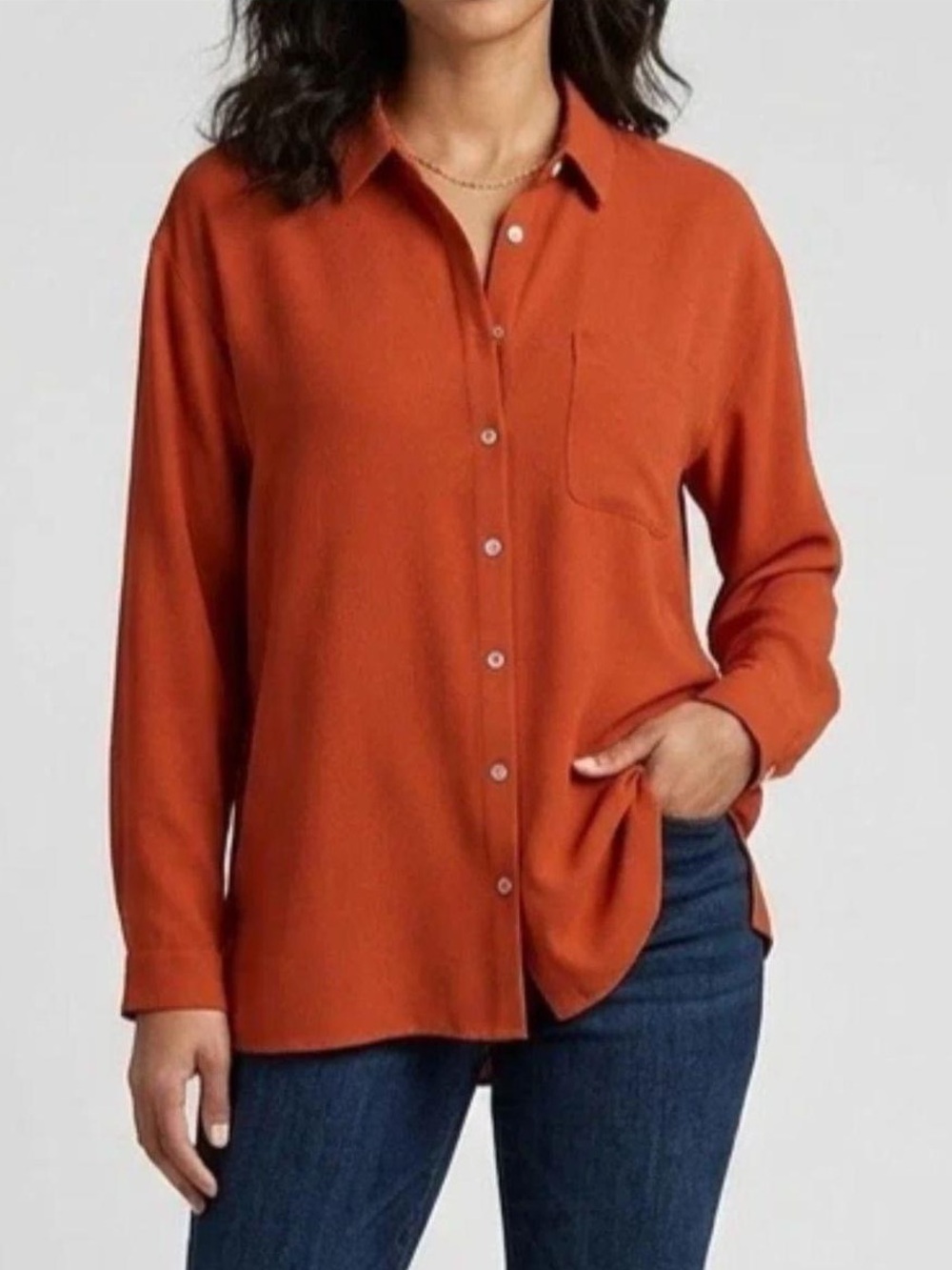 J. Jill Women Crepe Button Down Blouse Top M Petite Campari Burnt Orange Minimal